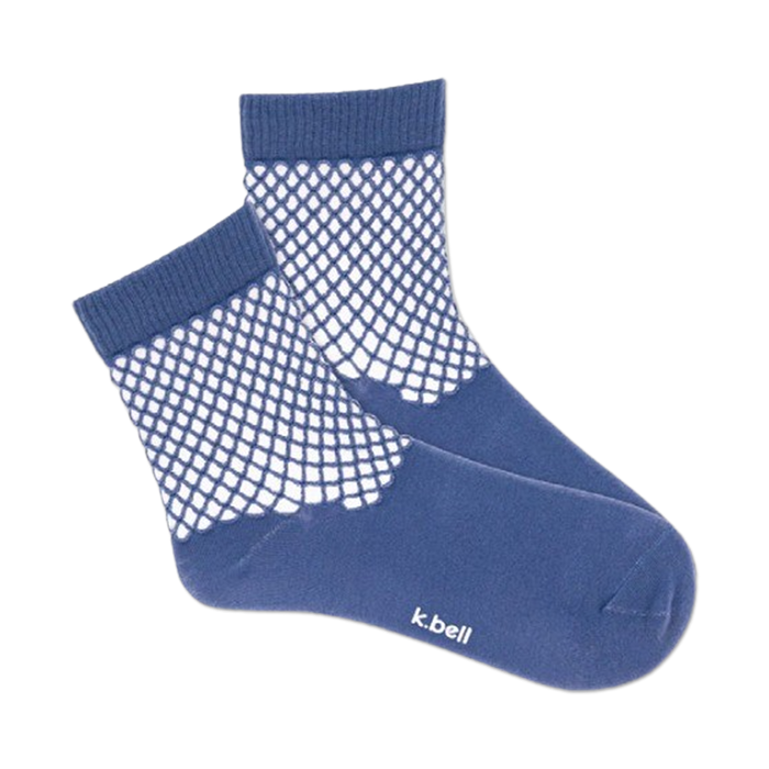 blue women's crew socks with white net quarter pattern.  