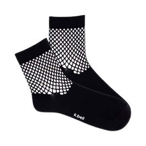  black crew socks with white fishnet pattern. women's fashion socks.    