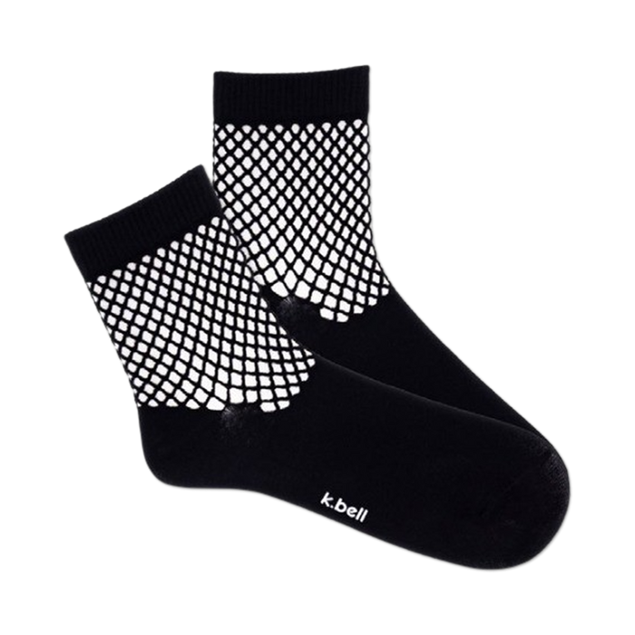  black crew socks with white fishnet pattern. women's fashion socks.    