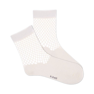 white crew socks with net-like pattern for women.   