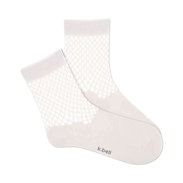 white crew socks with net-like pattern for women.   