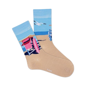 blue, tan, and pink women's crew socks with a pattern of beach huts, palm trees, and seagulls.  