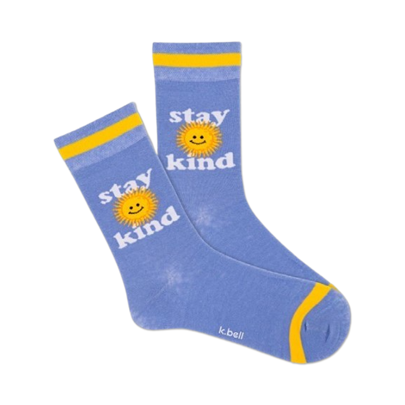 A pair of blue crew socks with a yellow sun and 'Stay Kind' text. Yellow cuffs add a pop of color.  A feel-good message for everyday wear!
