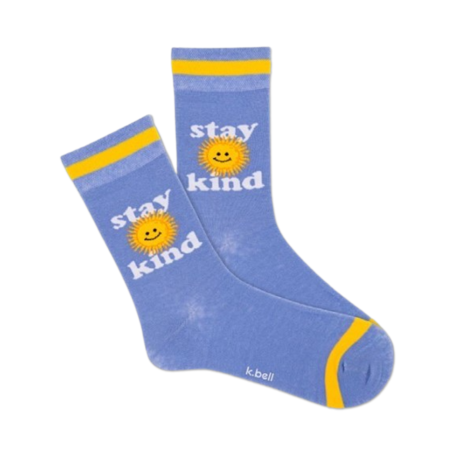 A pair of blue crew socks with a yellow sun and 'Stay Kind' text. Yellow cuffs add a pop of color.  A feel-good message for everyday wear!