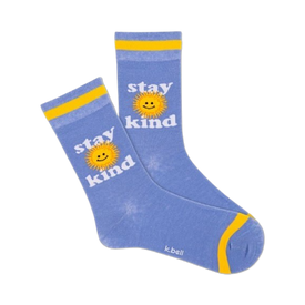 blue crew socks with 'stay kind' message, yellow accents, perfect for everyday comfort and inspiration.  