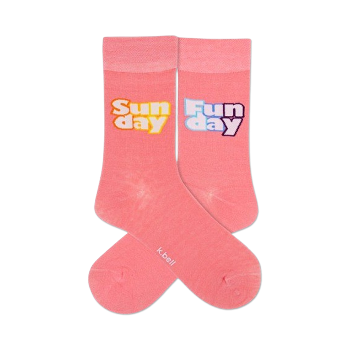 Pair of pastel pink crew socks with 'Sunday' and 'Funday' playfully printed on each sock.