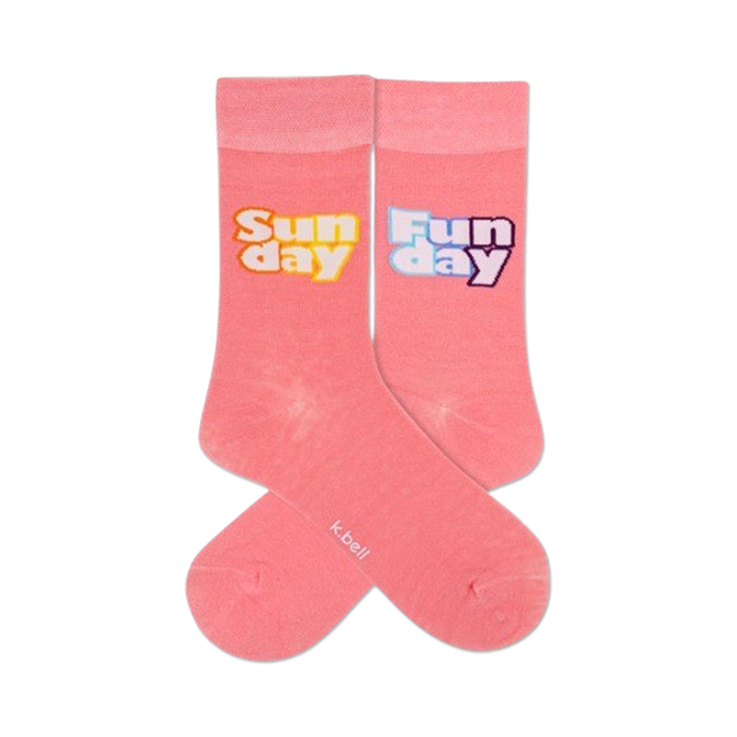 Pair of pastel pink crew socks with 'Sunday' and 'Funday' playfully printed on each sock.