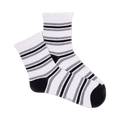 Close-up view of a pair of white and black striped crochet lace ribbed quarter socks.