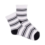 Close-up view of a pair of white and black striped crochet lace ribbed quarter socks.