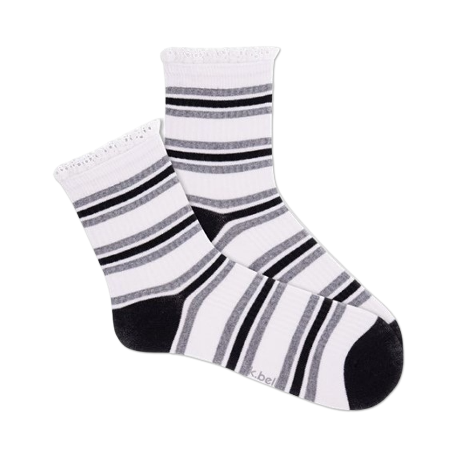 Close-up view of a pair of white and black striped crochet lace ribbed quarter socks.