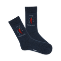 Pair of dark grey crew socks with an embroidered red chili pepper and the text "I'm a little chili".