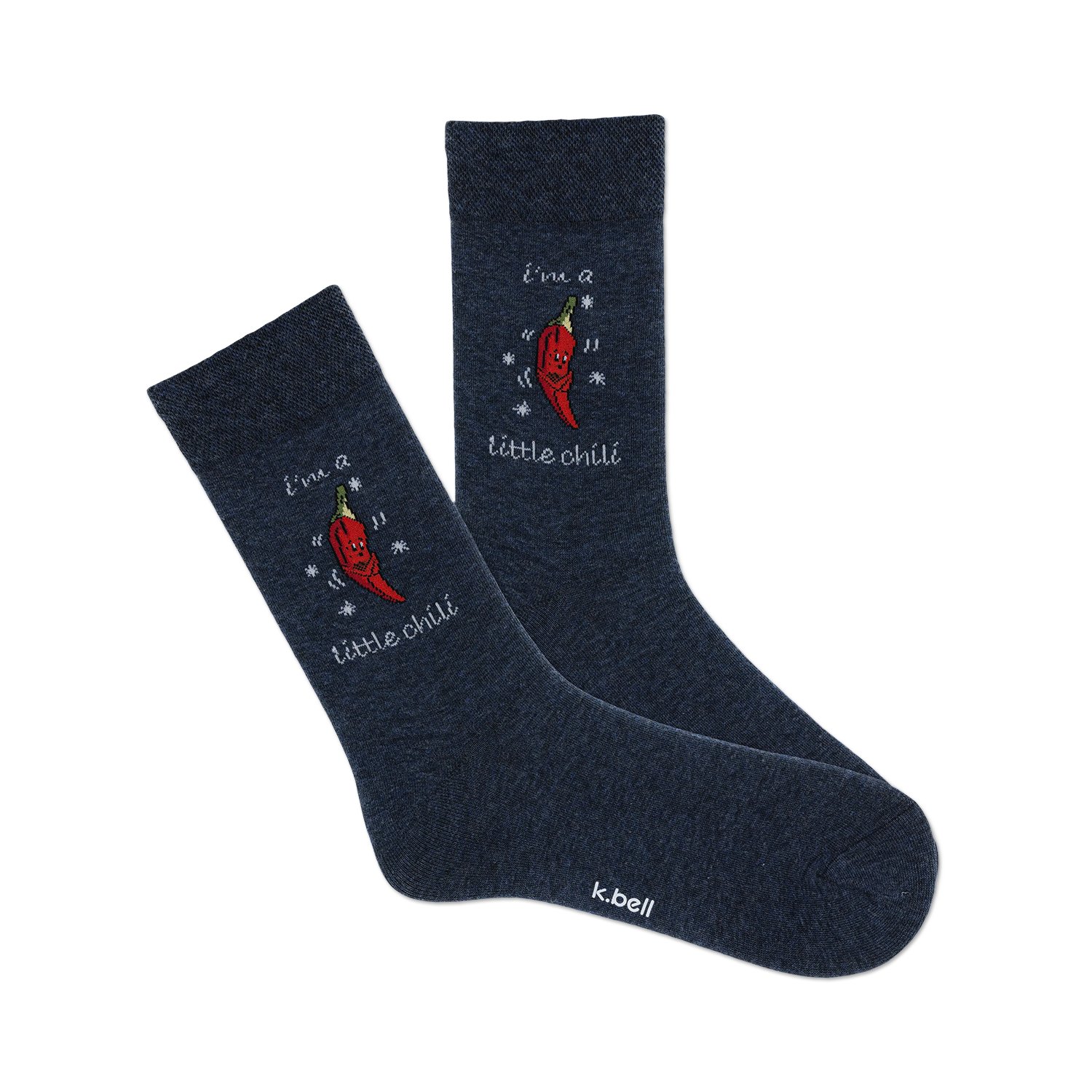 Pair of dark grey crew socks with an embroidered red chili pepper and the text "I'm a little chili".