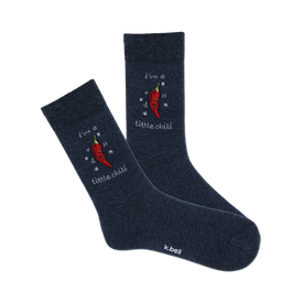 front view of two dark blue crew socks with red chili peppers and the text "i'm a little chilli" on them.