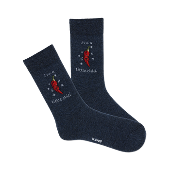 front view of two dark blue crew socks with red chili peppers and the text "i'm a little chilli" on them.