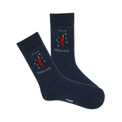 front view of two dark blue crew socks with red chili peppers and the text "i'm a little chilli" on them.