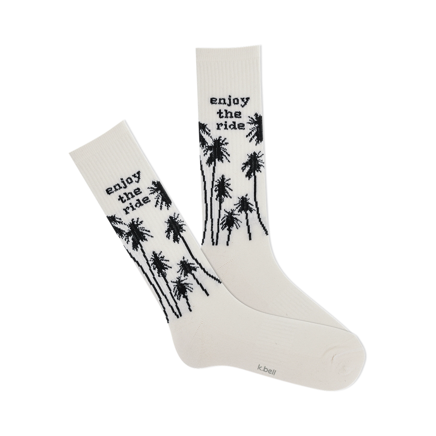 Pair of off-white crew socks with black palm tree design and 'Enjoy the Ride' text.