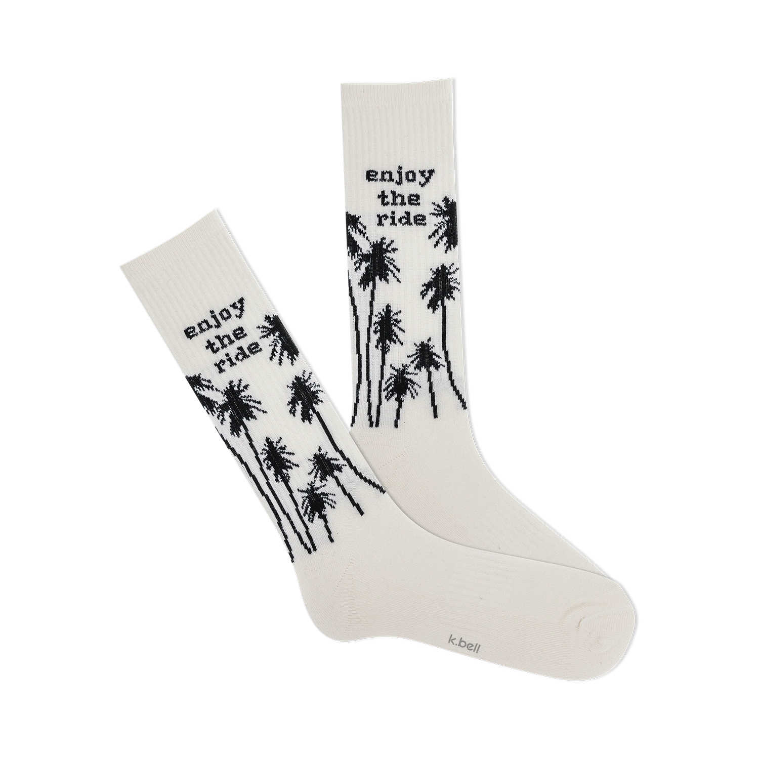 Pair of off-white crew socks with black palm tree design and 'Enjoy the Ride' text.