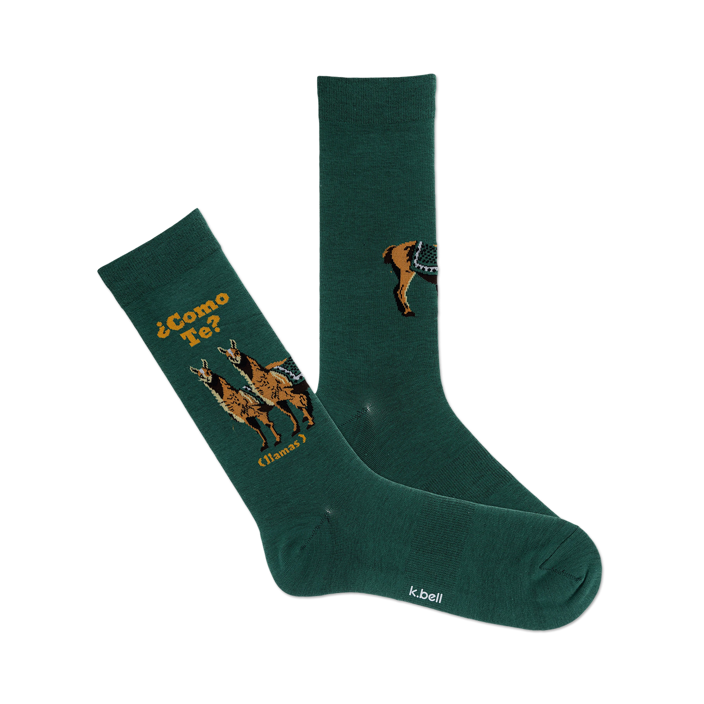 Pair of dark green crew socks with a whimsical llama design and the phrase '¿Como Te?' (Llamas) in yellow text.