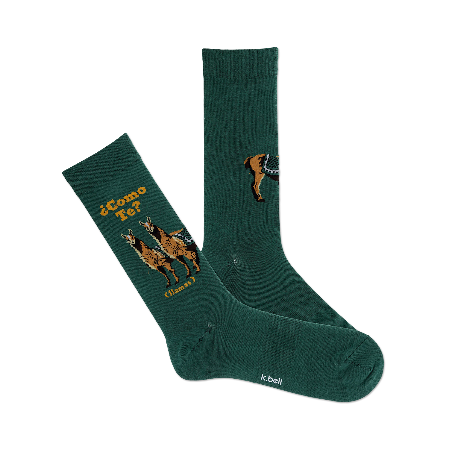 Pair of dark green crew socks with a whimsical llama design and the phrase '¿Como Te?' (Llamas) in yellow text.