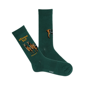 front view of a pair of green socks with llamas and the spanish phrase, "como te?"