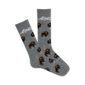 Pair of grey crew socks with a repeating pattern of brown bison and a mountain range graphic. 
