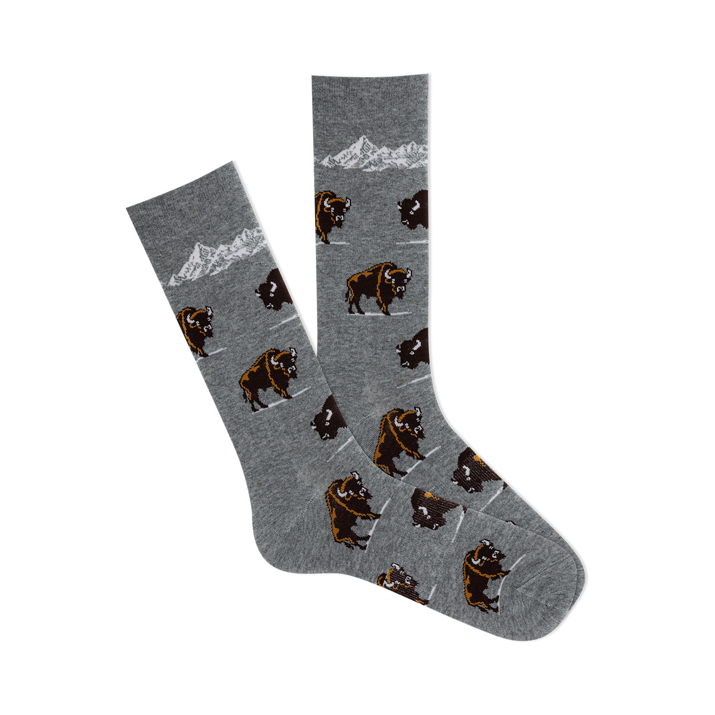 Pair of grey crew socks with a repeating pattern of brown bison and a mountain range graphic. 