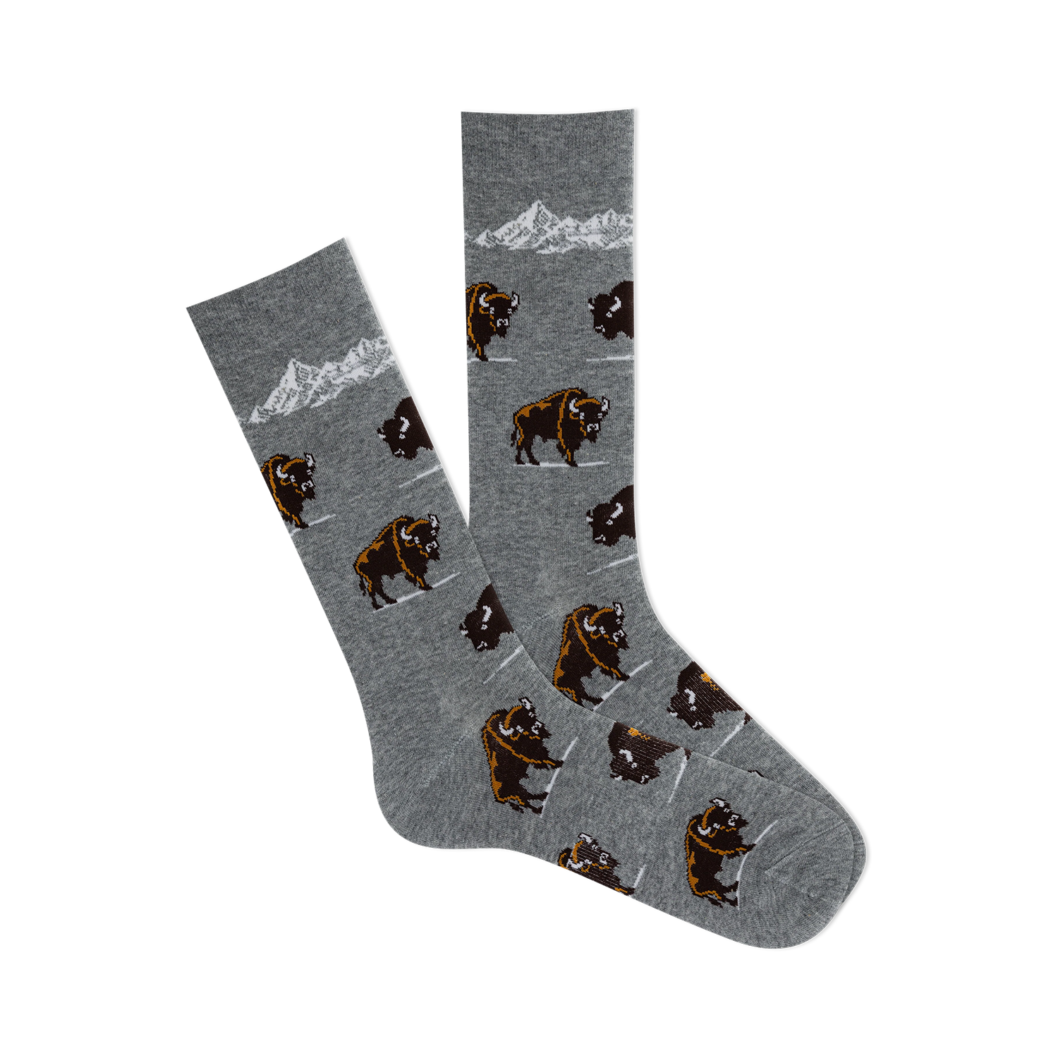 Pair of grey crew socks with a repeating pattern of brown bison and a mountain range graphic. 