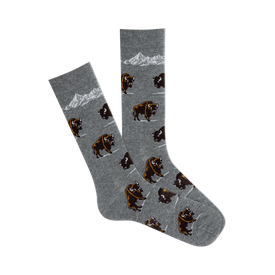 front view of a pair of grey socks with brown bison and snow-capped mountains.