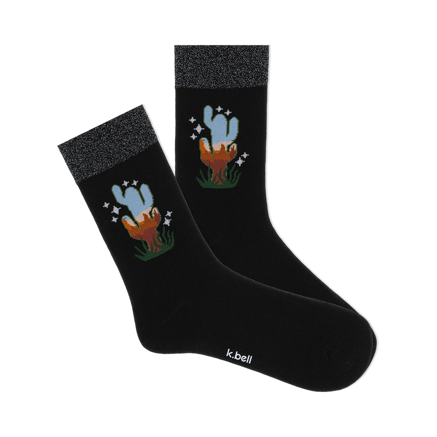 Pair of black crew socks with a sparkly silver cuff and a whimsical cactus design in blues and oranges.