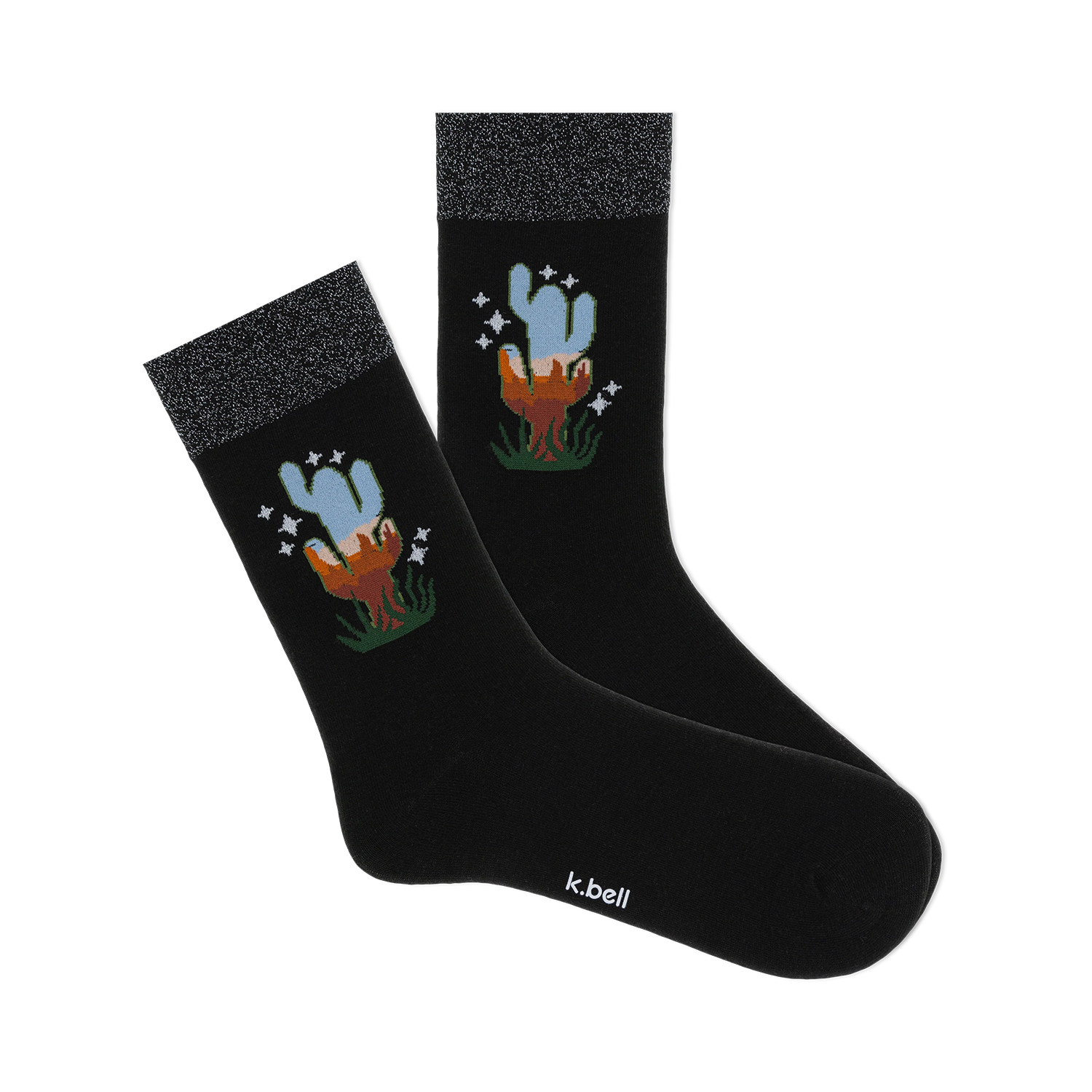 Pair of black crew socks with a sparkly silver cuff and a whimsical cactus design in blues and oranges.
