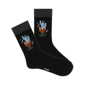 front view of two black socks with a cactus design and sparkly cuffs.