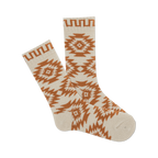 Cream crew socks with a brown geometric Southwestern-inspired pattern. 