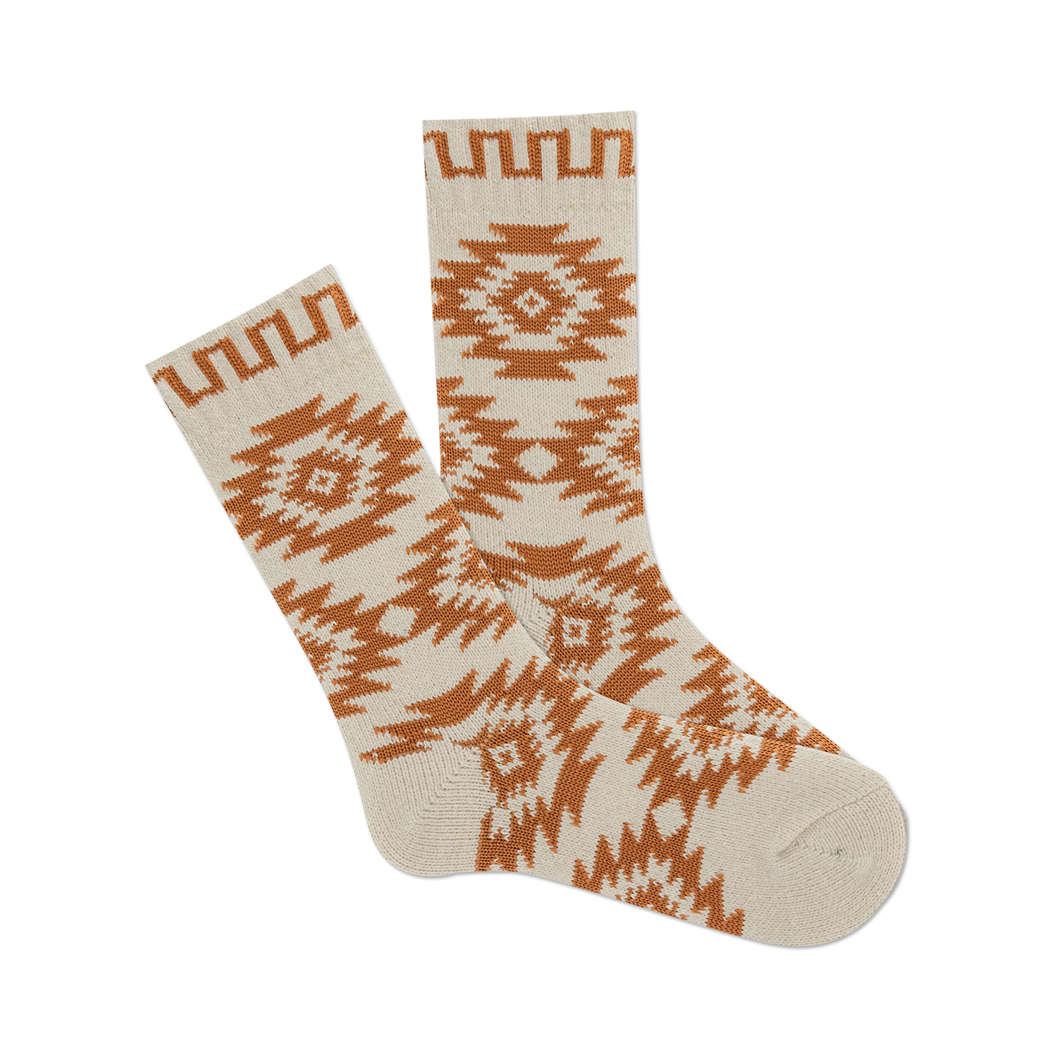 Cream crew socks with a brown geometric Southwestern-inspired pattern. 