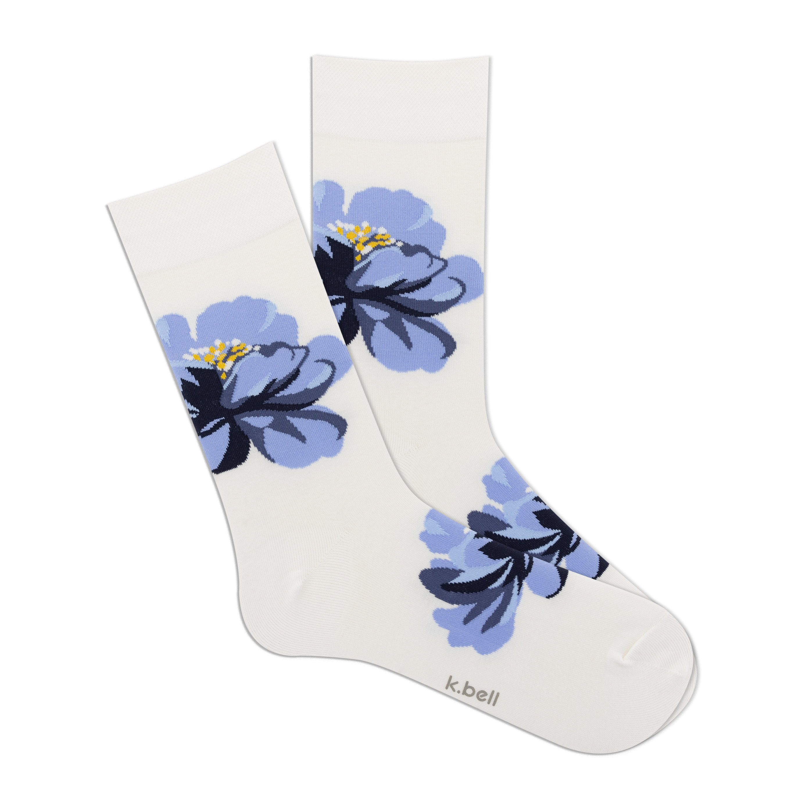 Pair of women's crew socks in white with a large blue floral design.  The flowers are a stylized blue and navy print.