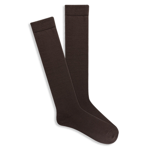 Pair of knee-high dark brown Modal socks with subtle ribbed comfort tops, displayed flat on a black background.