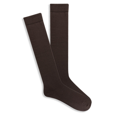 Pair of knee-high dark brown Modal socks with subtle ribbed comfort tops, displayed flat on a black background.