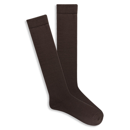 Pair of knee-high dark brown Modal socks with subtle ribbed comfort tops, displayed flat on a black background.
