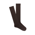 Pair of knee-high dark brown Modal socks with subtle ribbed comfort tops, displayed flat on a black background.