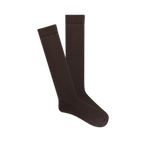 Pair of knee-high dark brown Modal socks with subtle ribbed comfort tops, displayed flat on a black background.