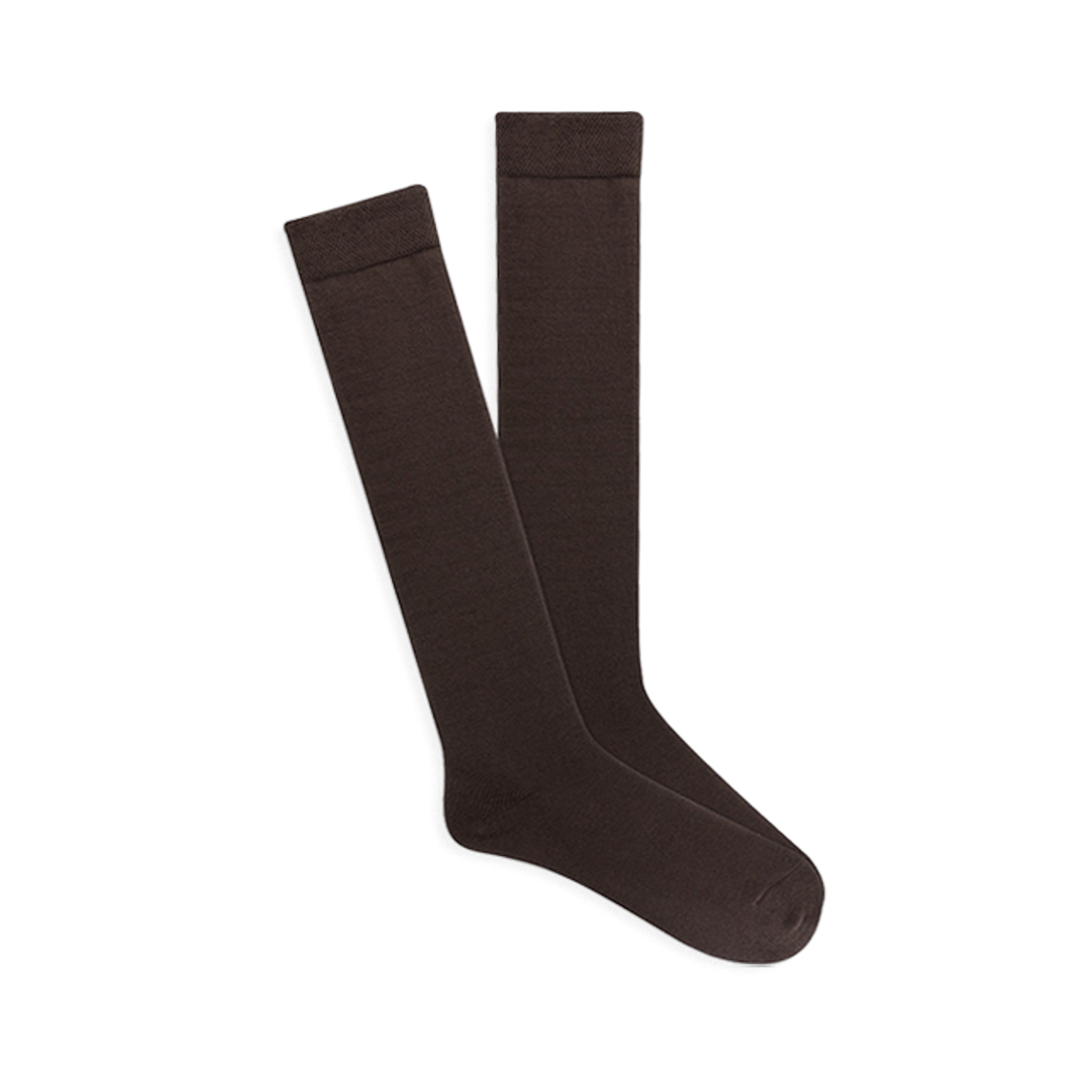 Pair of knee-high dark brown Modal socks with subtle ribbed comfort tops, displayed flat on a black background.