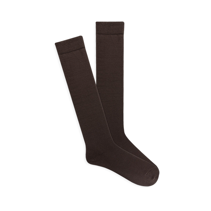Pair of knee-high dark brown Modal socks with subtle ribbed comfort tops, displayed flat on a black background.