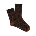 Pair of brown microfiber anklet socks with a dark brown and black leopard print. Solid reddish-brown heel and toe.