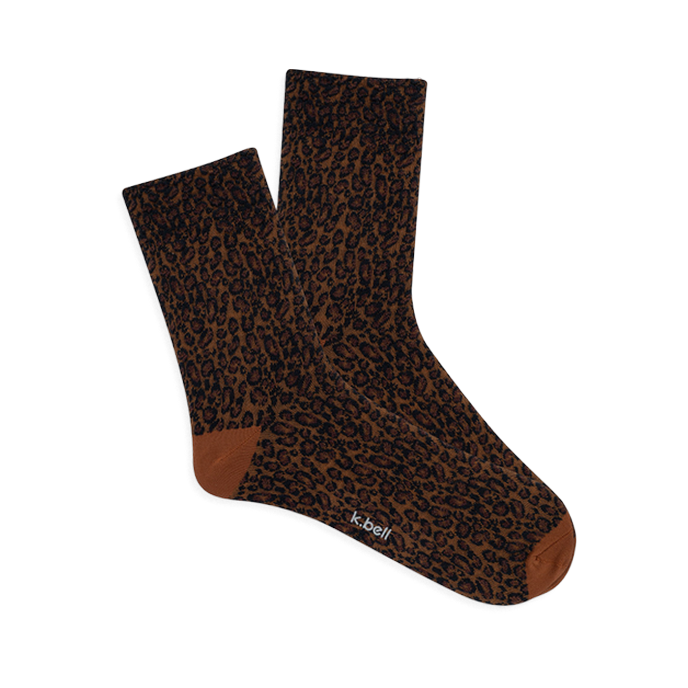 Pair of brown microfiber anklet socks with a dark brown and black leopard print. Solid reddish-brown heel and toe.