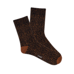 Pair of brown microfiber anklet socks with a dark brown and black leopard print. Solid reddish-brown heel and toe.