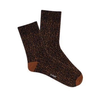 Pair of brown microfiber anklet socks with a dark brown and black leopard print. Solid reddish-brown heel and toe.