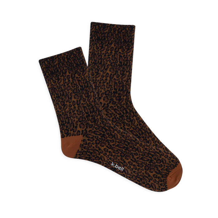 Pair of brown microfiber anklet socks with a dark brown and black leopard print. Solid reddish-brown heel and toe.
