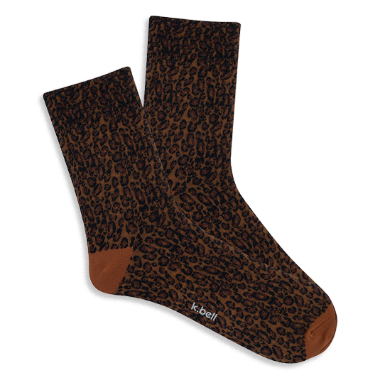 Pair of brown microfiber anklet socks with a dark brown and black leopard print. Solid reddish-brown heel and toe. }}