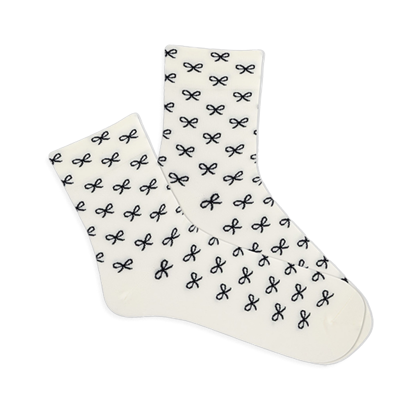 Pair of white microfiber anklet socks covered in a repeating pattern of small black bows, shown against a plain background.