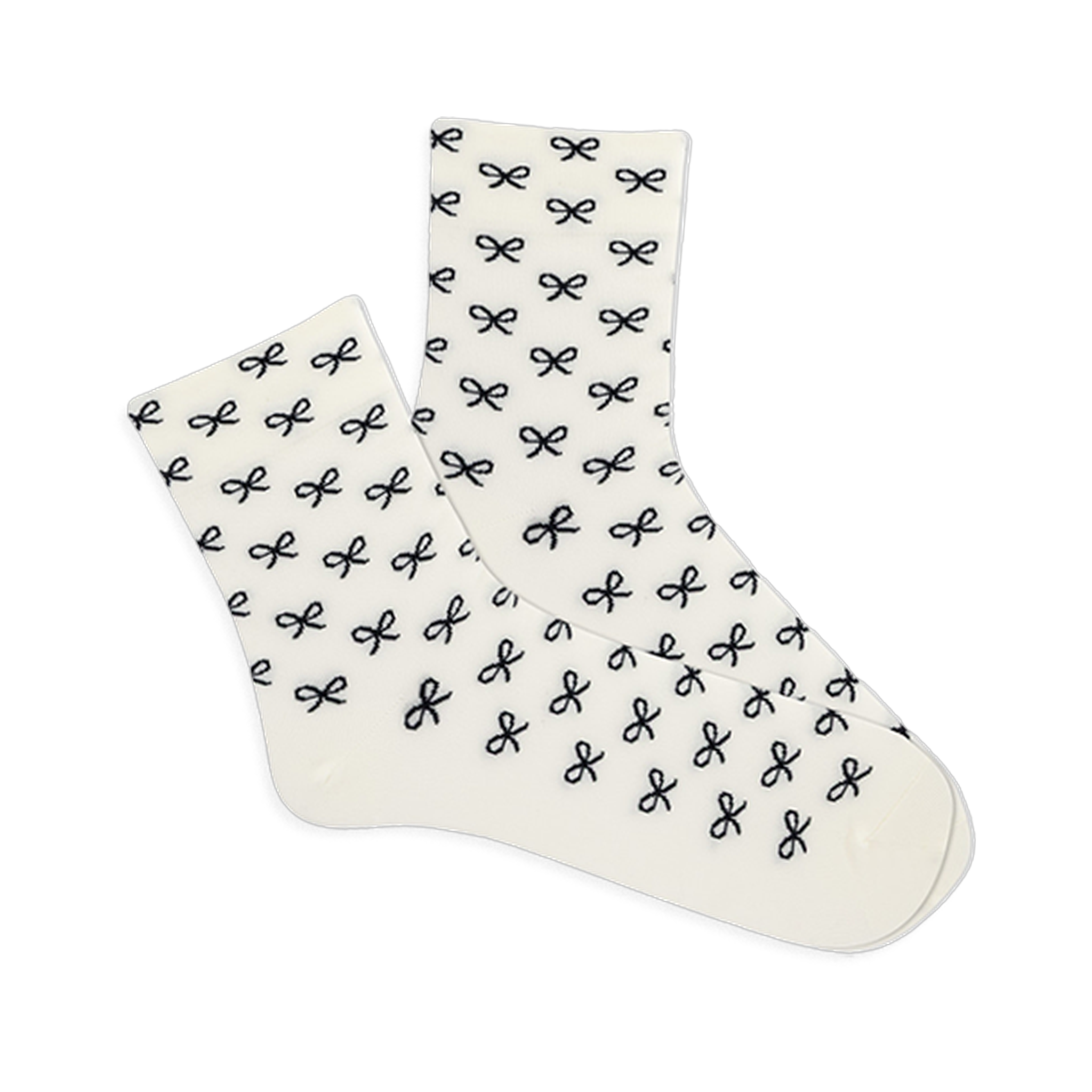 Pair of white microfiber anklet socks covered in a repeating pattern of small black bows, shown against a plain background.