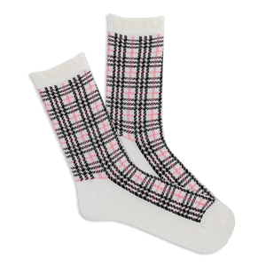 Pair of white crew socks with a pink and black plaid pattern and ruffled cuffs, angled on a white background.